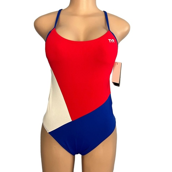 TYR Solid Splices Block Cutoutfit Swimsuit Red White and Blue - Picture 1 of 9
